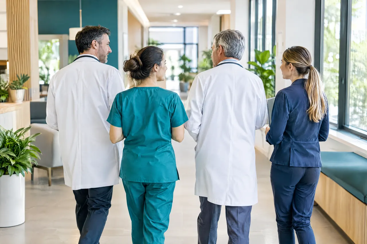 Medici, infermiera e segreteria che collaborano in corridoio